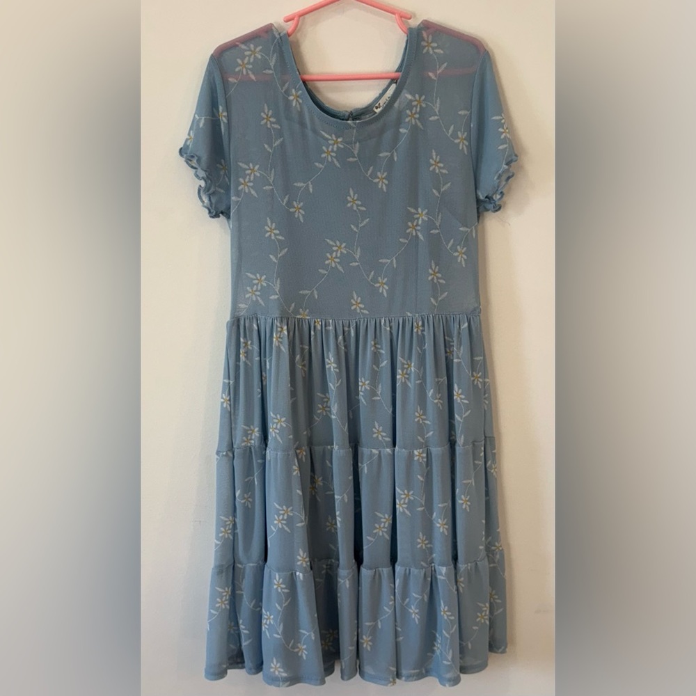 Knitworks Girls Blue Daisy Mesh Overlay Layered Slip Dress 2-Piece Set Size 10